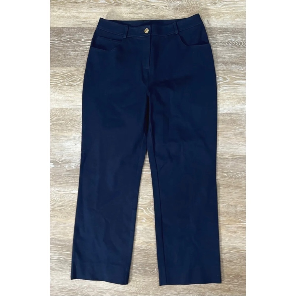 St. John Sz 4 Wide Leg Navy Blue Logo Denim Jean Pants Stretch Womens USA Made